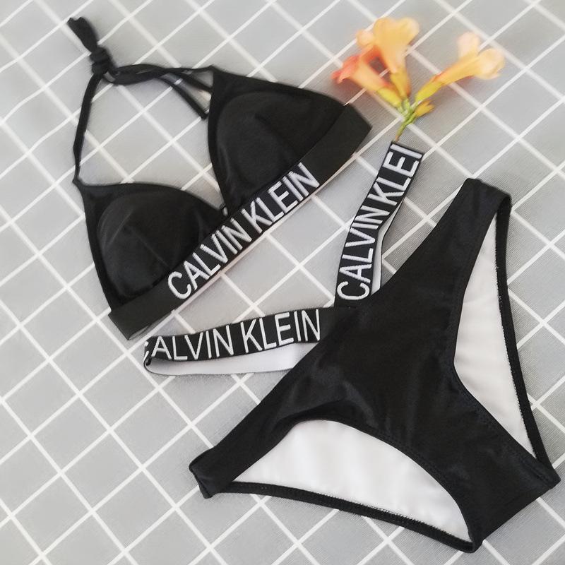 Bikini Open Back Bandage Black And White Solid Low Waist Three Point Split Swimsuit
