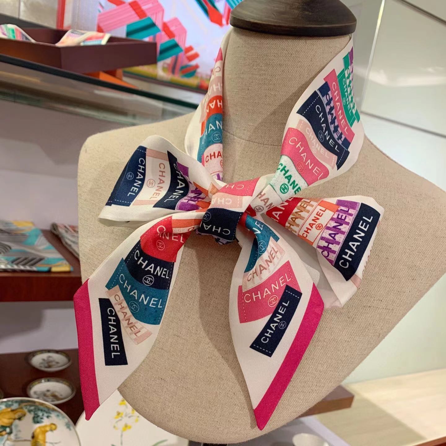 Silk-like Scarf Double Bow Women Print Ribbon Hair Bows Tie Bag Accesseries