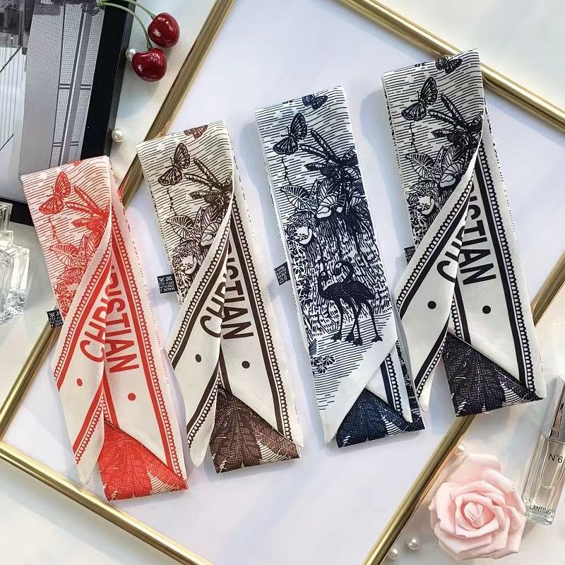 Silk-like Scarf Double Bow Women Print Ribbon Hair Bows Tie Bag Accesseries