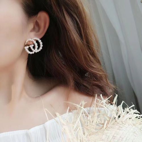 S925 Silver Letter G Double Pearl Stud Earrings For Women Jewelry