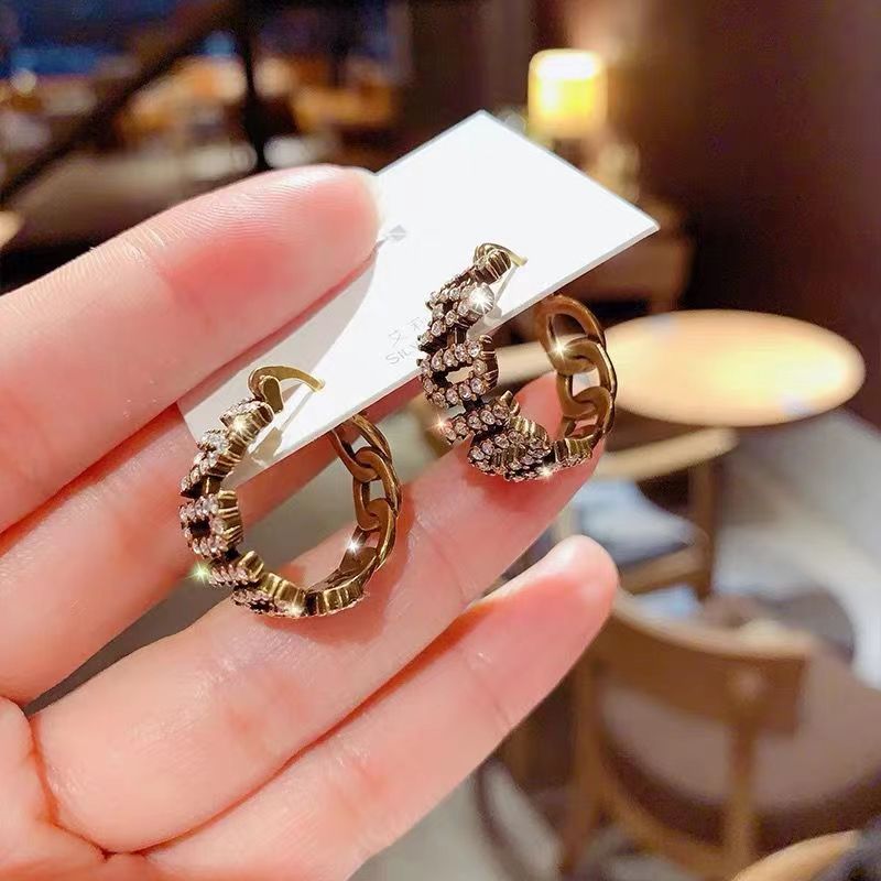 Vintage Twist Earrings Letter Rhinestone Bronze Earrings
