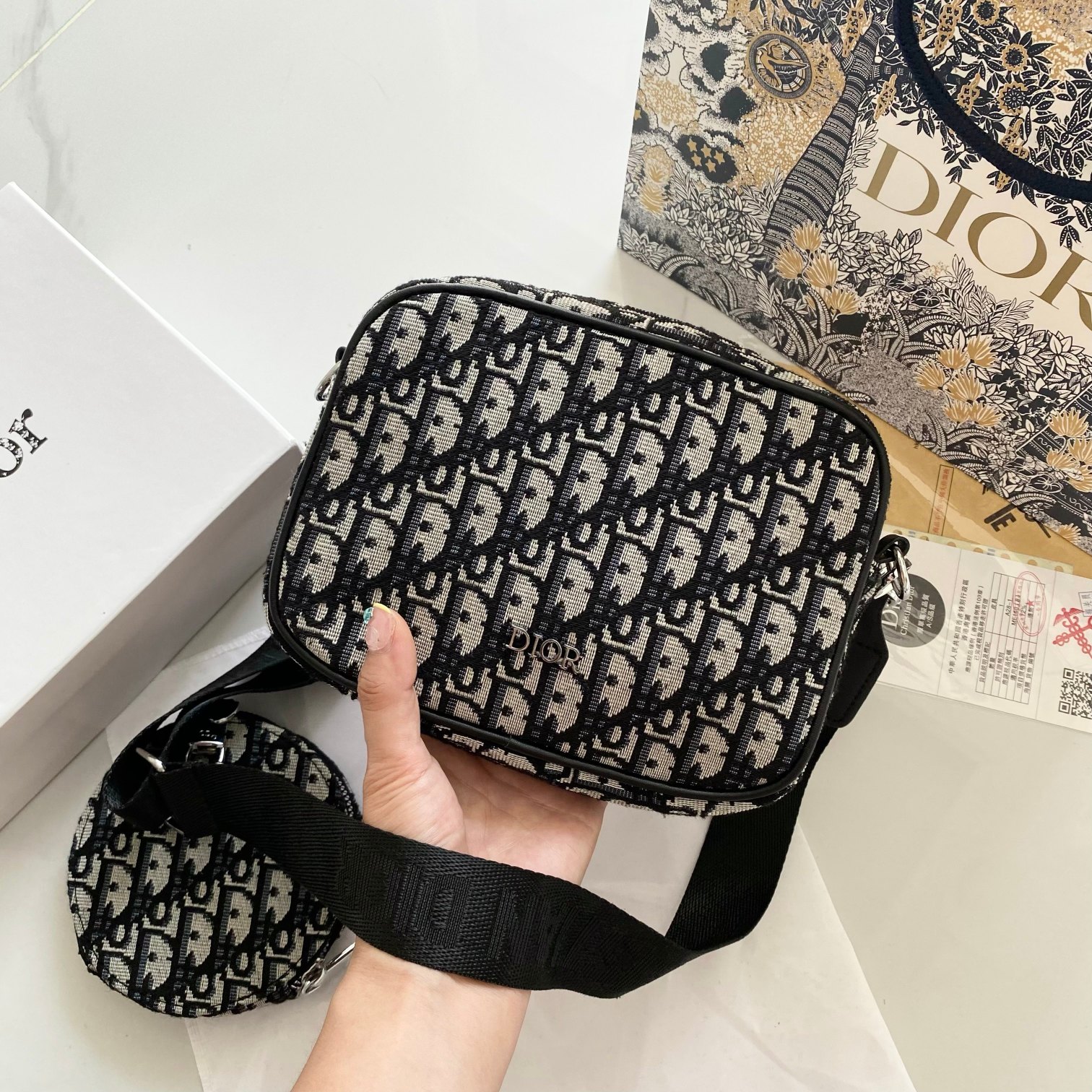 Embroidered Canvas Denim Double Zipper Unisex Camera Bag Single Shoulder Messenger Bag