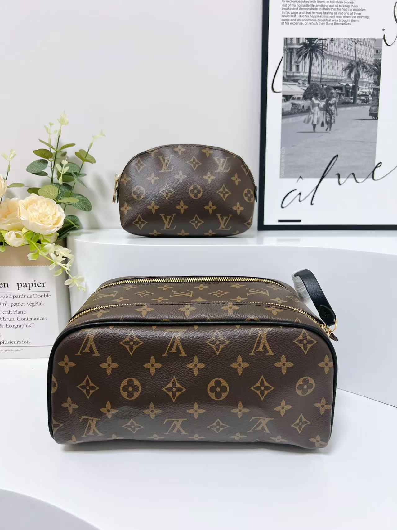 2-piece Set Leather Bag For Women Travel Cosmetic Bag Fashion Beauty Toiletry Organizer Makeup Bag