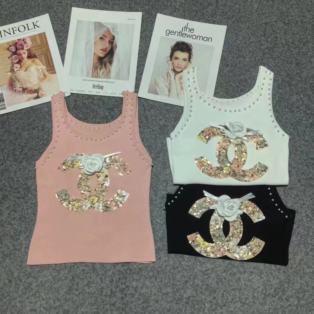 Spring and summer new style socialite style light luxury three-dimensional decoration slim fit versatile slimming knitted vest for women