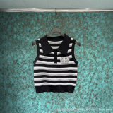 Spring/Summer New Cute Sweet Striped Collar with Diamond studded Letter Knitted Sleeveless Tank Top for Women