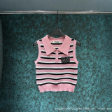 Spring/Summer New Cute Sweet Striped Collar with Diamond studded Letter Knitted Sleeveless Tank Top for Women