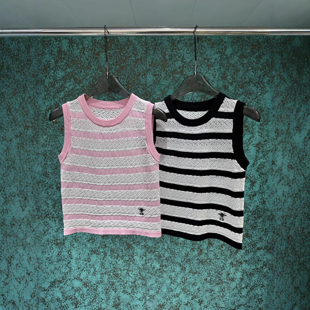 Summer New Small Fragrant Style Pure Desire Versatile Striped Hollow Knitted Tank Top for Women