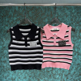 Spring/Summer New Cute Sweet Striped Collar with Diamond studded Letter Knitted Sleeveless Tank Top for Women