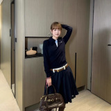 Winter college style slim fitting patchwork polo collar long sleeved knitted sweater