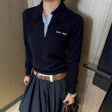 Winter college style slim fitting patchwork polo collar long sleeved knitted sweater