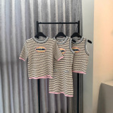 New color embroidered striped knitted short sleeved top with contrasting stripes