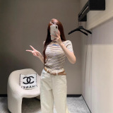 New color embroidered striped knitted short sleeved top with contrasting stripes