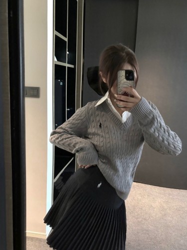 Pony logo V-neck twisted Fried Dough Twists embroidery wool pullover bottoming knitwear sweaters fake two