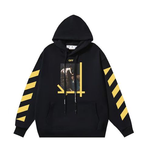 New trendy brand OFF pure cotton looped arrow printed hooded sweatshirt