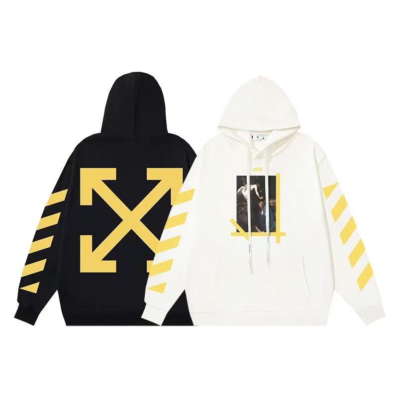 New trendy brand OFF pure cotton looped arrow printed hooded sweatshirt