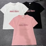 Summer New Versatile Heavy Industry Pink Embroidered Hot Diamond Short sleeved T-shirt