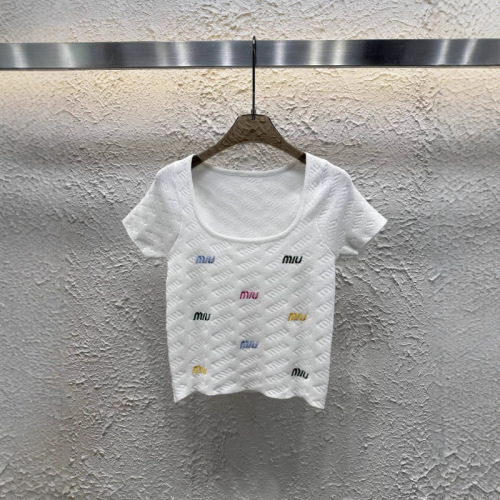 Spring and summer new embroidered letter U-neck knitted short sleeved shirt