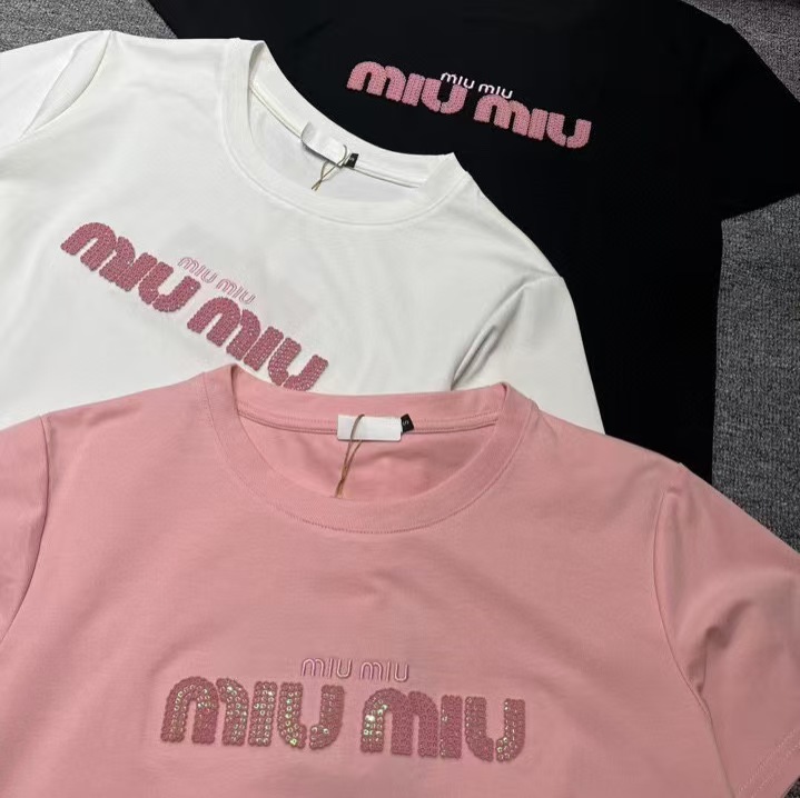 Summer New Versatile Heavy Industry Pink Embroidered Hot Diamond Short sleeved T-shirt