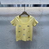 Spring and summer new embroidered letter U-neck knitted short sleeved shirt