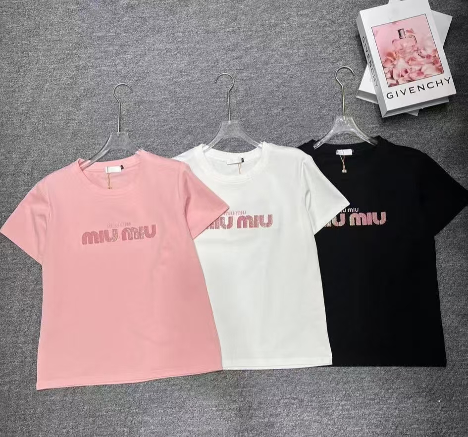 Summer New Versatile Heavy Industry Pink Embroidered Hot Diamond Short sleeved T-shirt
