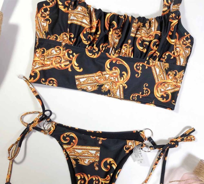 Gold and Black Print Straps Two Piece Swimwear