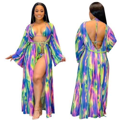 Fashion Printed Cloak + Bikini Three Piece Suit