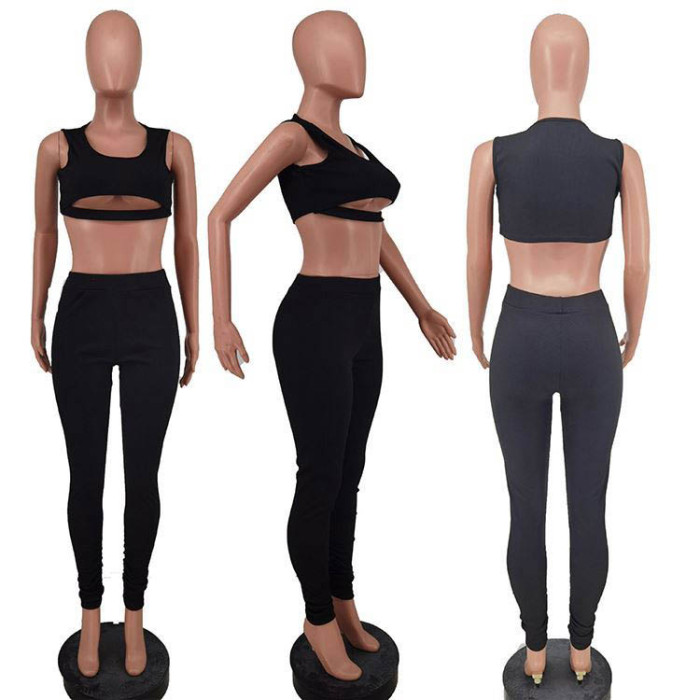 rib knit sexy tank top and pant 2 piece clothes