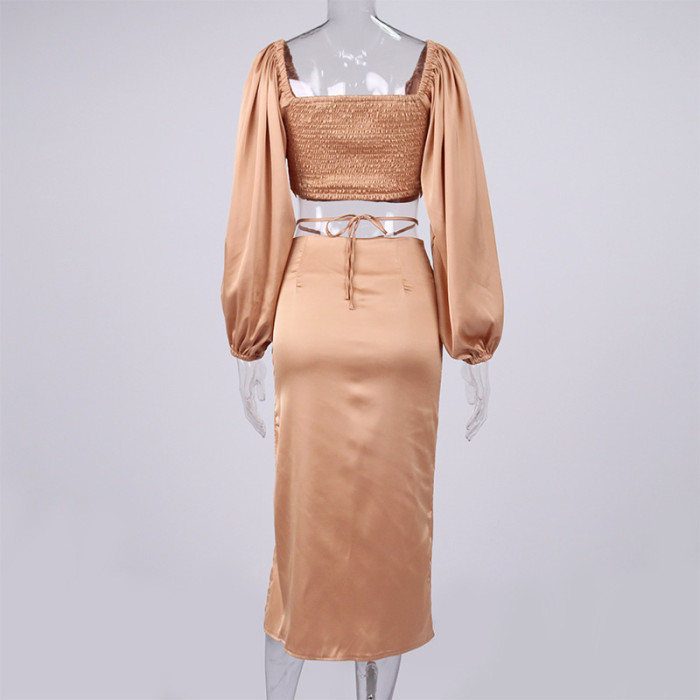 Satin Lantern Sleeve Short Top Split Long Skirt Two Piece Set