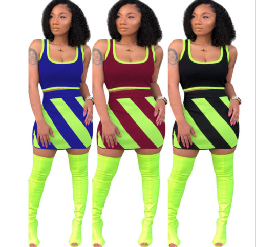 Fluorescent green stripe decoration Top and Mini Dresses Two Piece Set