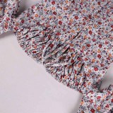 Fashion Puff Sleeve Floral Print Lace High Split Midi Dresses