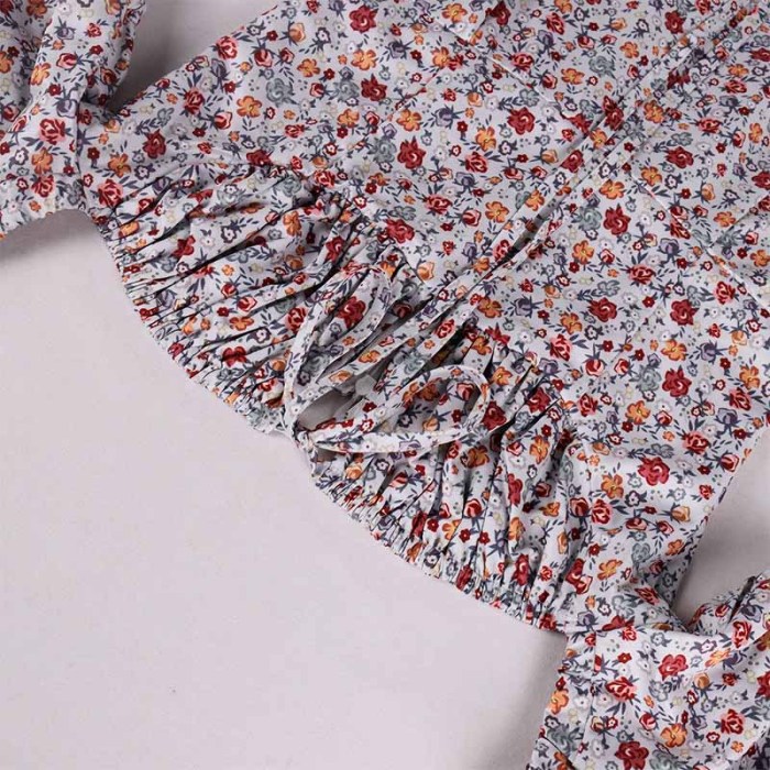 Fashion Puff Sleeve Floral Print Lace High Split Midi Dresses
