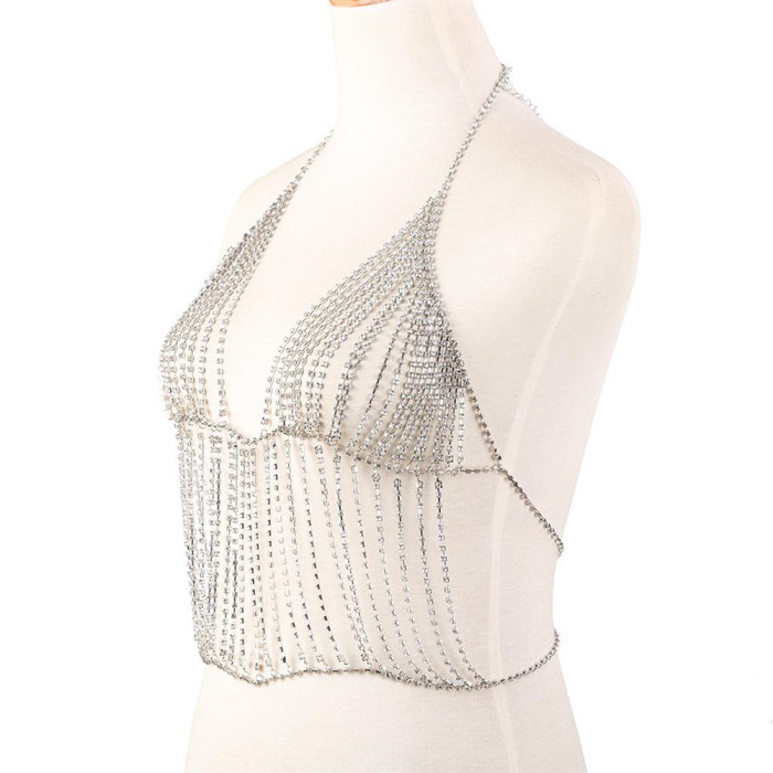 Super Flash Tassel Strap Bra Body Chain Skirt Set