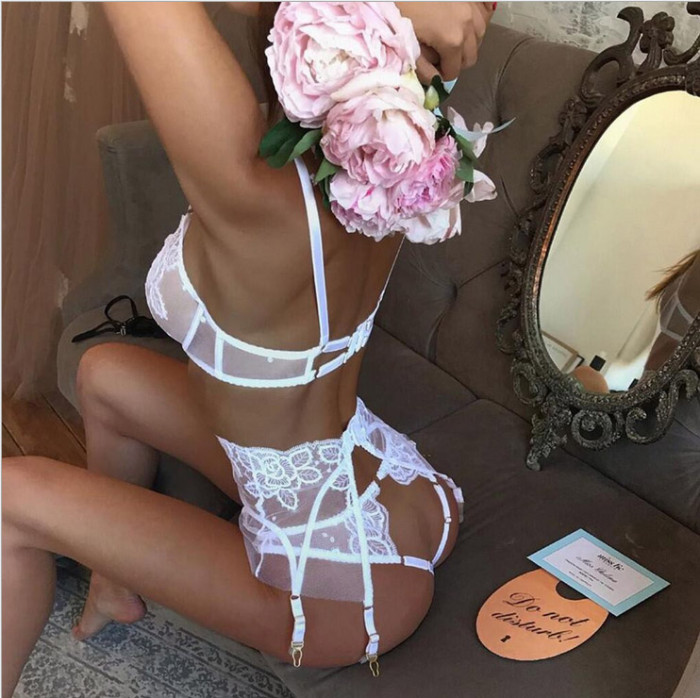 Sexy Lace Embroidery Flower Three-piece Suit