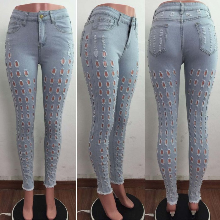 fashion Pencil pants bottom distressed denim ripped jeans women