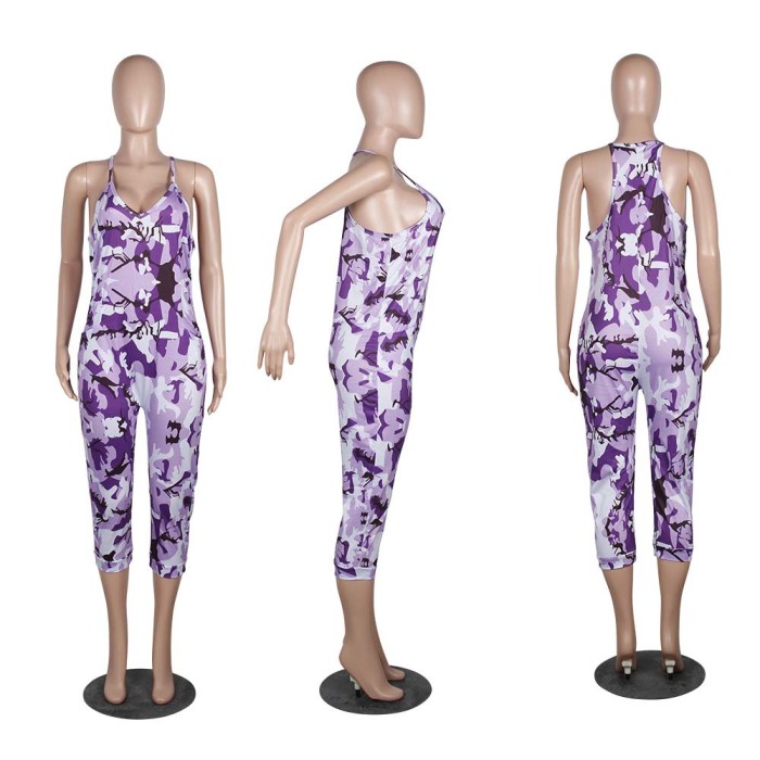Nine pants Camouflage Printed V Neck women's sleeveless jumpsuits for summer