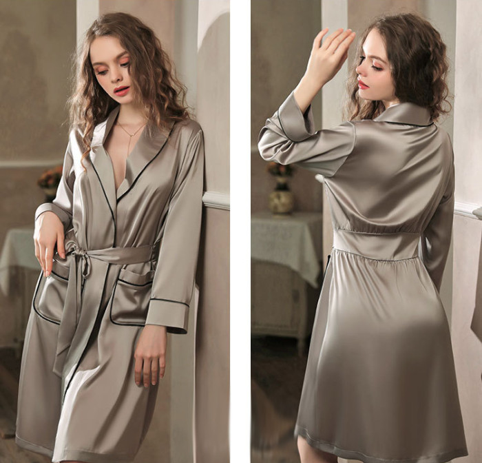 [Nightgown] Sexy silk long sleeve cardigan bathrobe nightgown pajamas dress