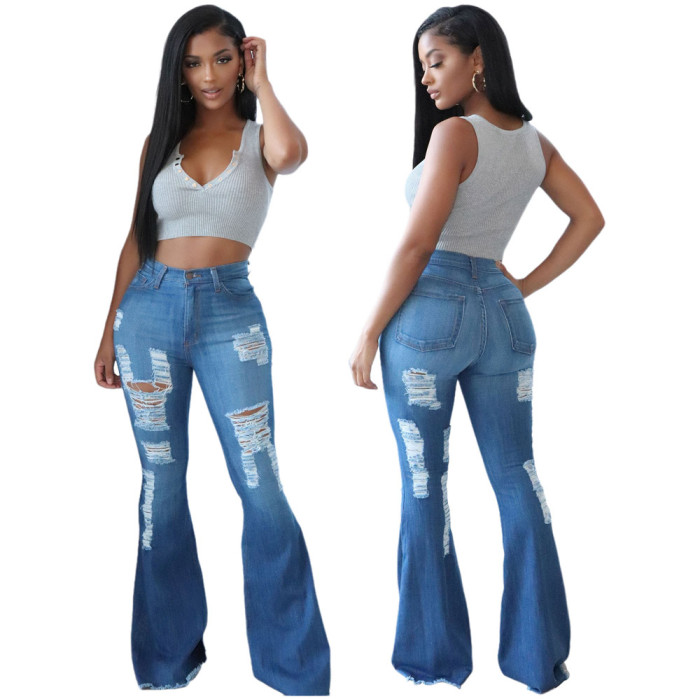 Washed Ribbded Stretch Denim Flared Pants