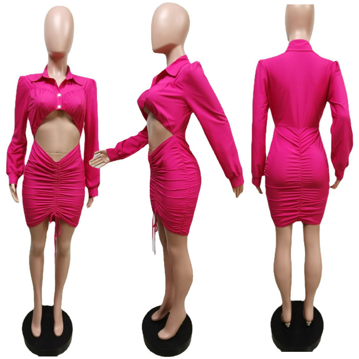 Ruffled Open Lining Cropped Long Sleeved Bodycon Dress