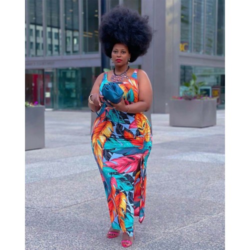 Plus SIze Fashion Print Pleated Slit Dress