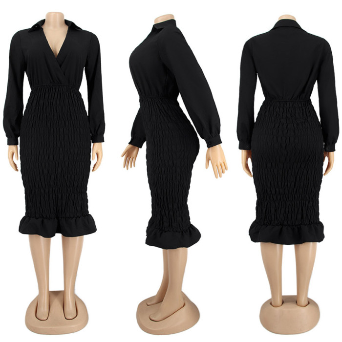 V-neck Long Sleeve Ladies Pleated Dress