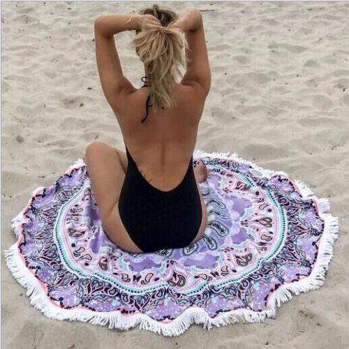 Light Purple Flower Printed Tassels Round Beach Towel