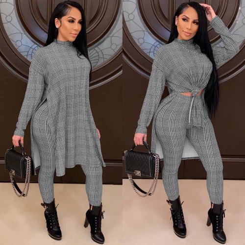 Fashion Women Houndstooth Print High Neck Suit