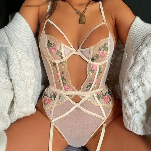 Embroidered Lace Mesh Stitching Bodysuit
