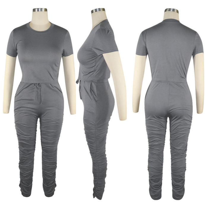 Solid Color Short Sleeve Pleated Trousers Sports Suit