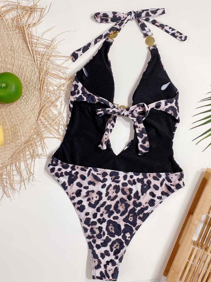 One-Piece Leopard Print Halter Swimwear