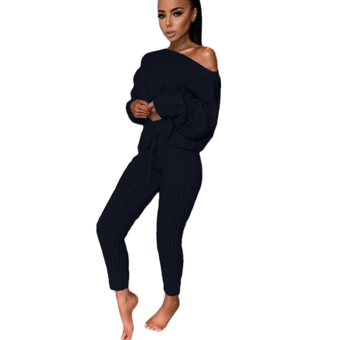 knit off shoulder top and pant 2 piece sweater set