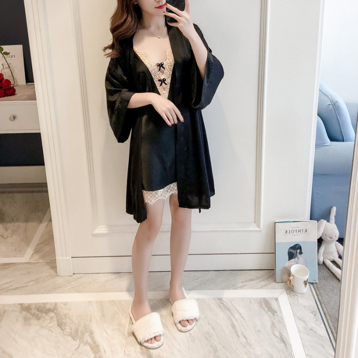 V neck Sling Sexy Babydoll Loose Home Service Silk Robe Suit