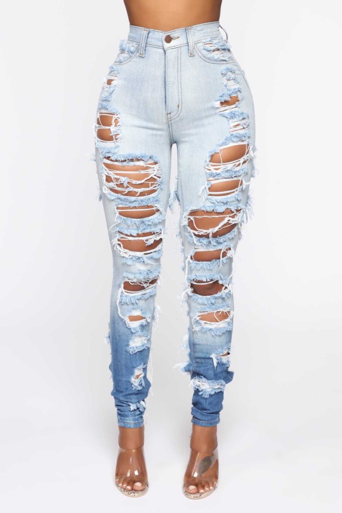Washed Ripped Holes Gradient Stretch Jeans