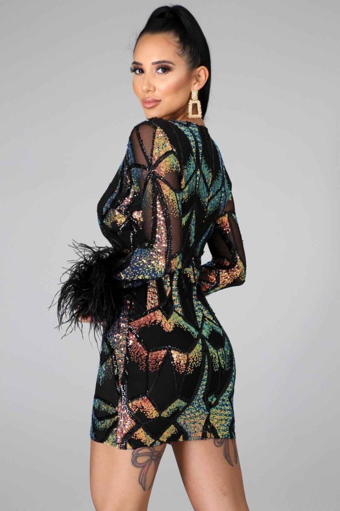 Occassional Sequins V-Neck Fur Mini Dress