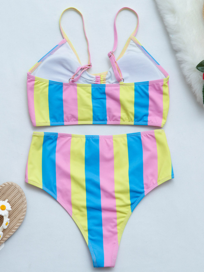 rainbow striped high waist 2 piece swimwear
